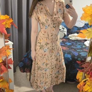Vintage Floral Midi Dress - Peach and Blue